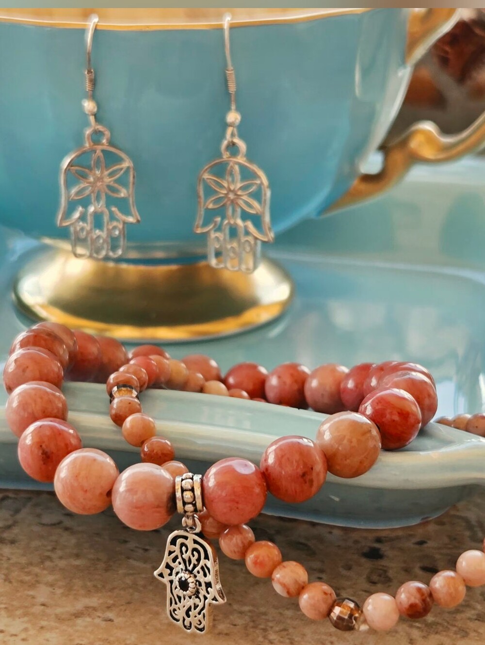 Y2K 3PC Sterling Silver & Real Rhodonite Gemstone Hamsa Jewelry Set